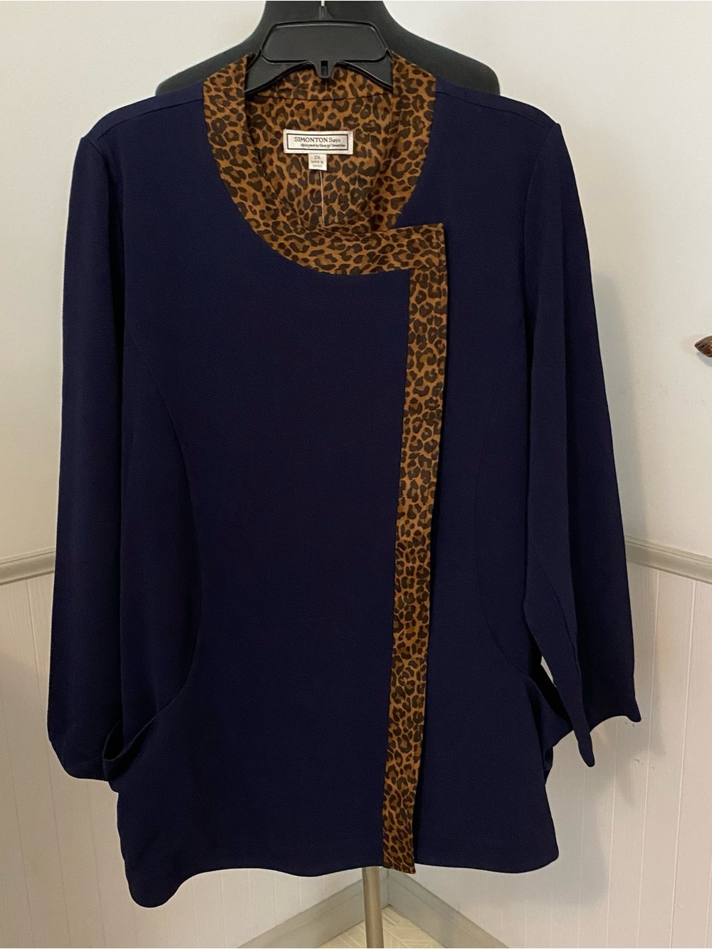 George Simonton Navy Blazer Jacket Leopard Print Trim